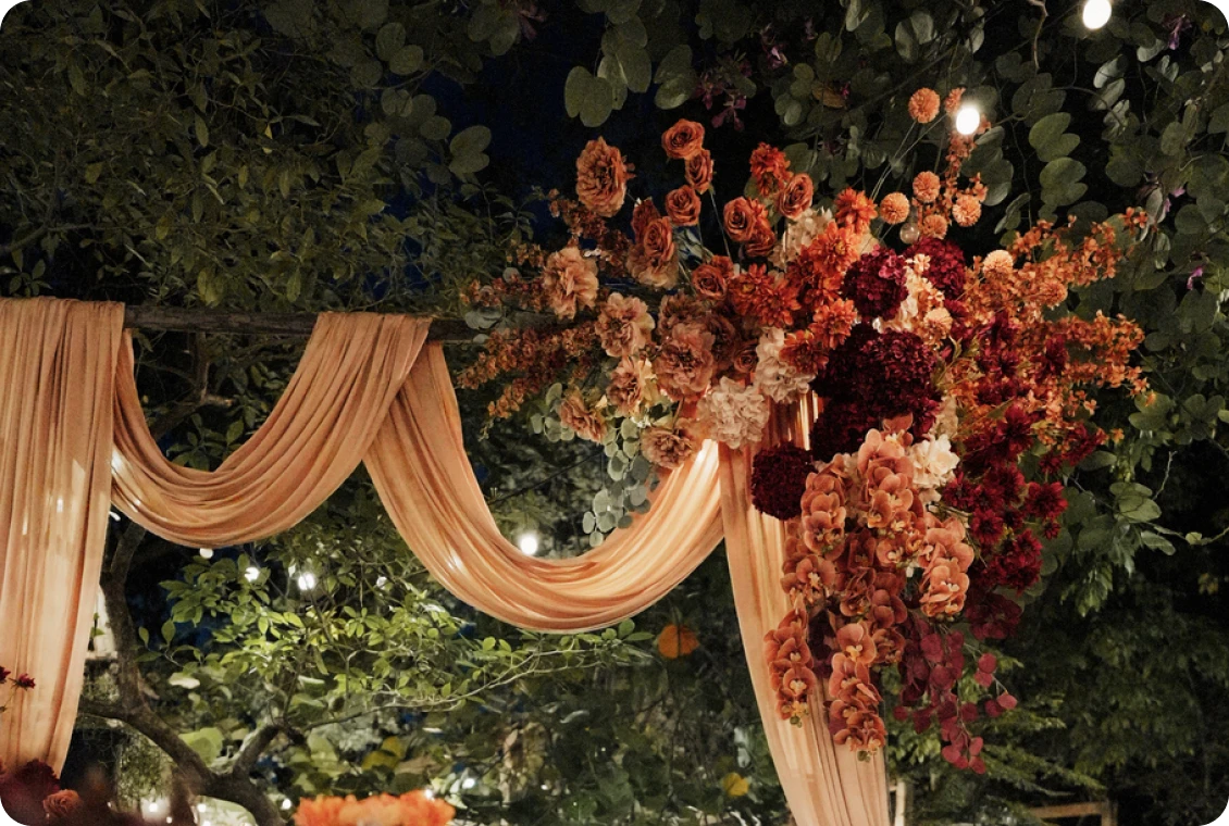 Nighttime garden wedding decor