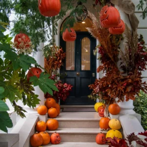 Front porch Halloween display with pumpkins
