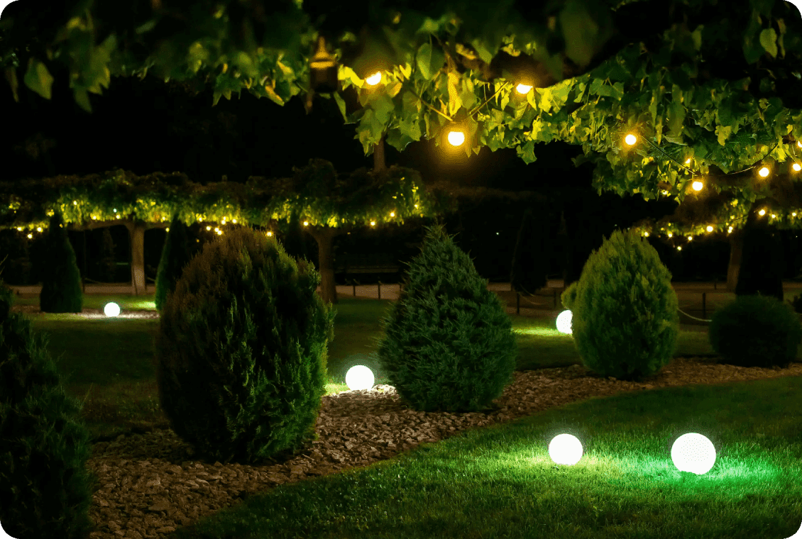 Night garden with string lights and glowing orbs
